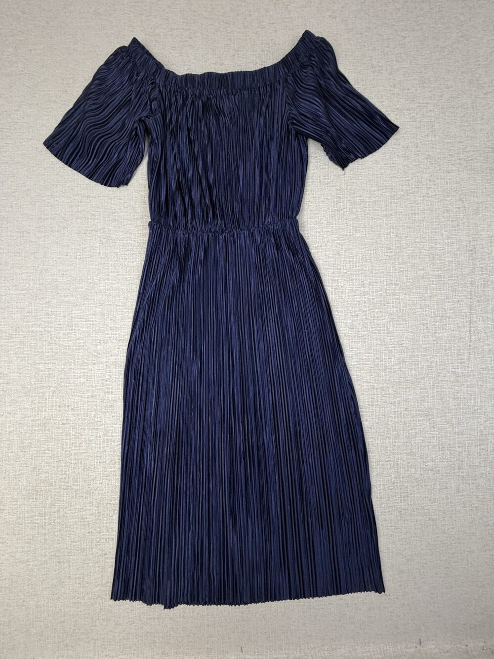 Speechless Women’s Small Navy Pleated Off Shoulder Midi Dress Flutter Sleeve